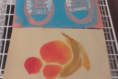 Elaine (two-colour proof of baseball boots and relief print/stencil of fruit)