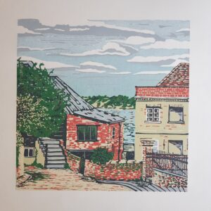 linocut of rural houses, landscape and sky with clouds by Nel Mooy